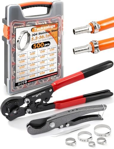 500PCS 20 Size Single Ear Hose Clamp Kit and PEX Crimping Tool,Cinch&Remove by TAUKEALUGS