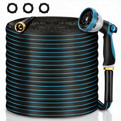Non-Expanding Garden Hose 100FT 10-Pattern Nozzle, Lightweight Flexible Water Hose Kink-Resistant, Brass 3/4'' Fittings & Sealing Washers, for Yard Lawn Garden Car Wash Pet Bathing by Unknown