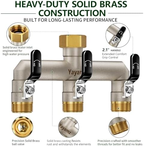 3-Way Garden Hose Splitter, Heavy-Duty Brass, 3/4" GHT, (Black) - Image 2