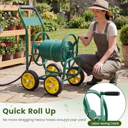 Goplus Garden Hose Reel Cart, 330ft 5/8" or 400ft 1/2" Large Capacity, Heavy-Duty Metal Hose Cart w/4 Wheels, Portable Water Hose Organizer for Outdoor Yard Planting Lawn - Image 5