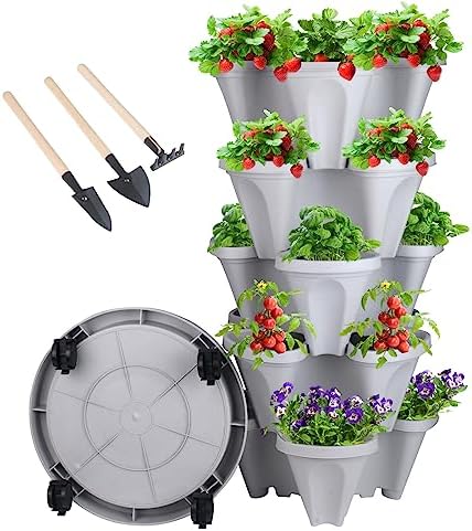 DUNCHATY Stackable Planter, Vertical Garden Planter with Wheels and Garden Tools, Strawberry Planter Indoor/Outdoor 5 Tier Herb Planter Pots for Growing Vegetables and Succulents,Gray by DUNCHATY