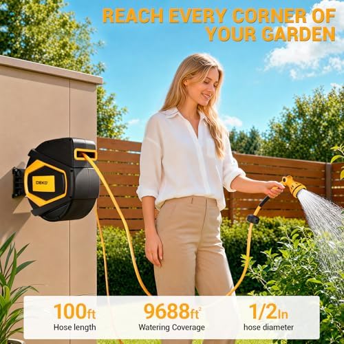 Retractable Garden Hose Reel:100 ft x 1/2 inch, Garden Hose Reel with 9-Pattern Nozzle, 180°Swivel Bracket Wall-Mounted, Automatic Rewind, Lock at Any Length, with Slow Return System - Image 3