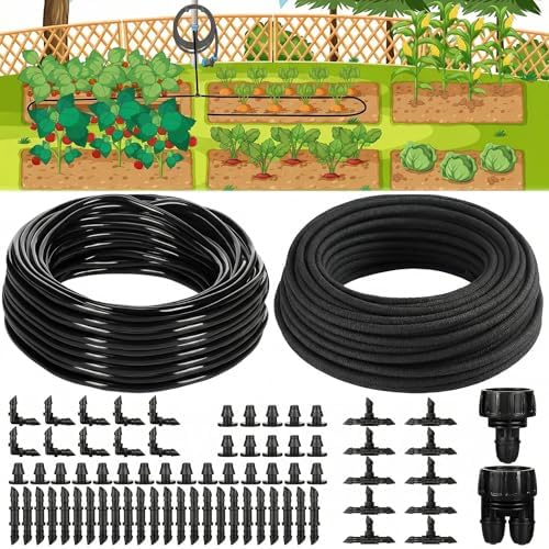 Drip Irrigation System Kit Garden Watering System 200ft 1/4 Inch Soaker Hose 100ft 1/4 Inch Drip Irrigation Tubing with Distribution Tubing and Accessories for Garden Greenhouse Patio Lawn by Innconee