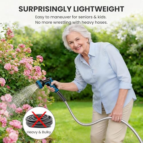 Metal Garden Hose 50FT, Stainless Steel Water Hose with 10 Function Nozzle, Solid Brass Fittings, Lightweight, Kink-Free & Dog Chew Proof for Lawn, Yard, RV, Car Wash, 550PSI - Image 3