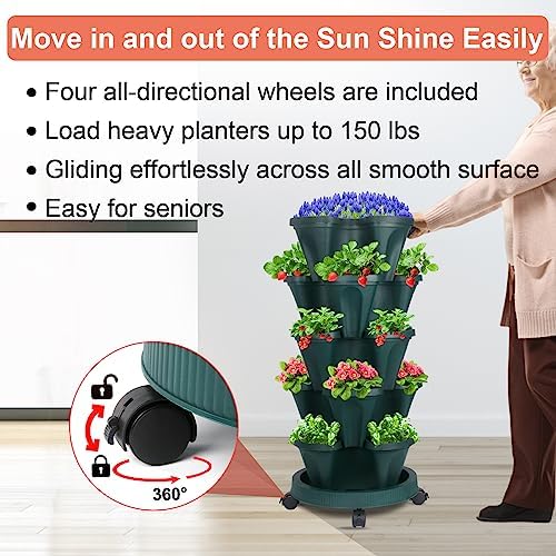 DUNCHATY Stackable Planter, Vertical Garden Planter with Wheels and Tools, Strawberry Indoor/Outdoor 5 Tier Tower Herb for Growing Vegetables Succulents, Dark Green, 2 Pack - Image 3