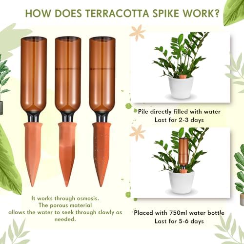 Baderke 16 Pcs 8 Set Plant Watering Devices, Terracotta Watering Spikes with 25 oz Plastic Wine Bottles, Slow Release Vacation Insert Automatic Plant Waterer Device for Indoor Outdoor - Image 3