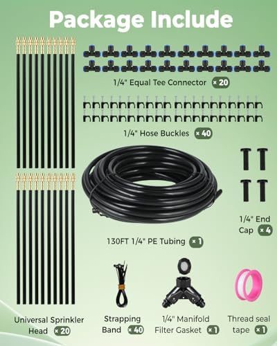 130FT Drip Irrigation System for Garden: 20 Nozzles 1/4" PE Tubing Automatic Watering Kit Adjustable Misting Sprinkler Mister Hose for Water Plants Tape Raised Beds Lawn Outdoor Yard Greenhouse 130FT - Image 2