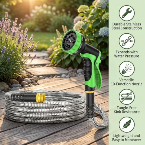 25FT Stainless Steel Garden Hose with 10-Pattern Spray Nozzle - Image 4