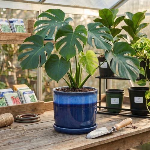 8 Inch Plant Pot: Ceramic Planter with Drainage Hole & Saucer - Flowerpot for Indoor & Outdoor Plants with Separate Tray for Home & Office - Blue - Image 6