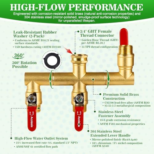 Hose Splitter 3 Way Heavy Duty Brass Garden Hose Splitter with 360° Rotatable, 304 Stainless Steel Long Handle Outdoor Full Flow Hose Splitter Connector, 3/4" GHT Thread - Image 5