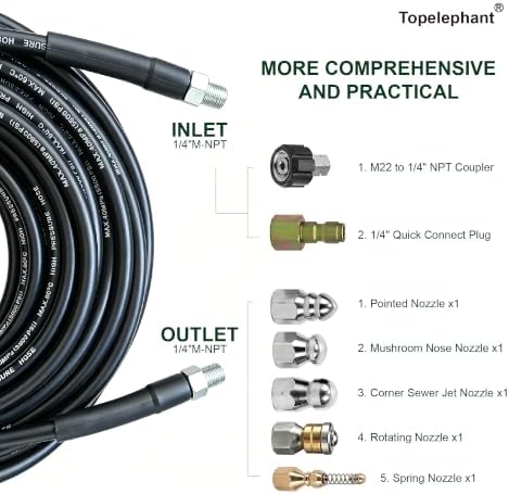 100FT Sewer Jetter Kit for Pressure Washer, 5800PSI High Pressure 1/4’’ NPT Drain Cleaner Hose, 5 Multi-Functional Nozzles with Full Accessories & Bonus Gifts - Image 3