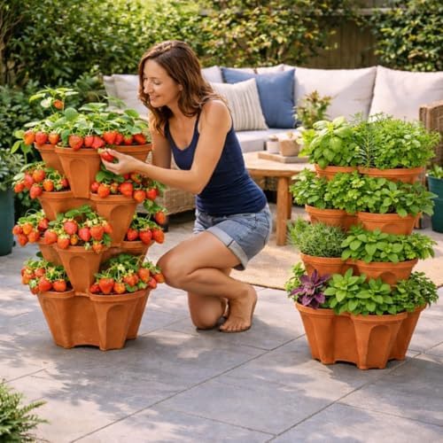 Vertical Garden Planter 4 Tier Stackable System 16 Plants, Space Saving Herb, Strawberry & Food Crop Planter with Center Support Hole for Indoor Outdoor Gardening (4, Terracotta, Small) - Image 2