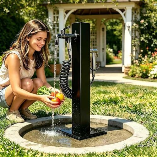 304 Stainless Steel Outdoor Vertical Square Garden Water Column, Freestanding Hose Stand with 2 in 1 Double Brass Faucet and Spray Gun, Black Yard Hydrant for Backyard and Irrigation (Black, 23.6 in) - Image 3