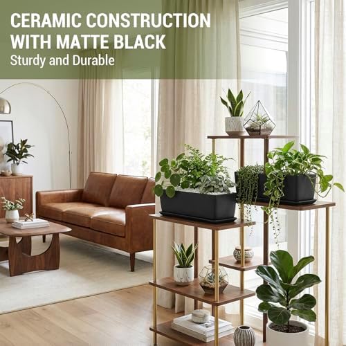 MyGift Matte Black Ceramic Indoor Plant Pot Succulent Planter, Decorative Flower Planter with Drainage Hole and Removable Tray (14 inch - 2 Pack) - Image 2