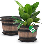 Quarut Large Plastic 3 Pack16 inch Plant Pots,Whiskey Barrel Planters with Drainage Holes & Saucer.Flower Pots Imitation Wine Barrel Design for Indoor & Outdoor Garden Balcony Plants.7 Gallons(Brown) by Quarut