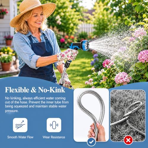 Garden Hose 100ft, Metal Water Hose, Kink-Free, Flexible Stainless Steel Hose, Heavy Duty Abrasion Resistant Leakproof Hose with 10-Function Spray Nozzle for Yard, Lawn, Outdoor, Marine and Camper - Image 4