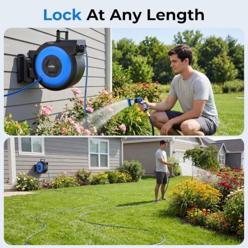 Retractable Garden Hose Reel, 5/8" x 90FT Automatic Retractable Water Hose Reel Wall Mount, with 10- Function Sprayer Nozzle, Any Length Lock/Auto Rewind/180°Swivel - Image 3