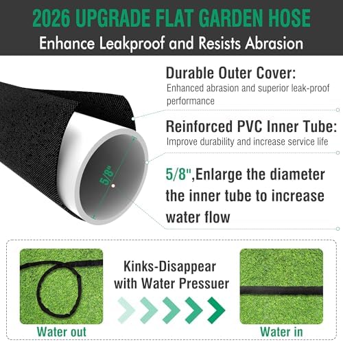 100FT Non-Expandable Flat Garden Hose with 10 Function Nozzle,No-Kink,Green - Image 6