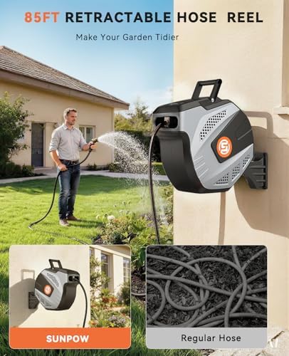 SUNPOW Retractable Garden Hose Reel - 1/2 inch x 85ft Heavy Duty Wall Mounted Hose Reel with 3/4 inch Brass Fitting & 10 Sprayer Nozzle - Any Length Lock, Auto Rewind System, 180°Swivel Bracket- Grey - Image 2