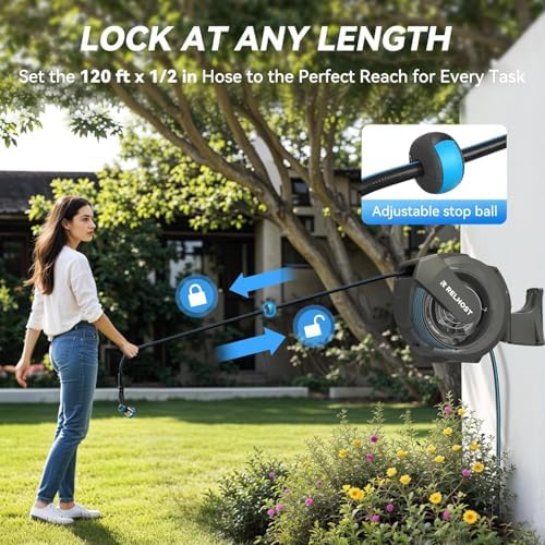Retractable Garden Hose Reel, 1/2 in x 120 ft Wall Mount Heavy Duty Hose Reel with Any-Length Lock, Auto Rewind System, 180° Swivel Bracket, and 10-Pattern Nozzle for Garden, Dark Grey - Image 2