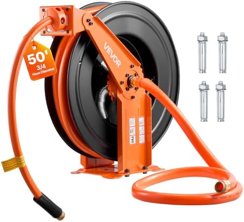 VEVOR Retractable Air Hose Reel, 3/4 Inch x 50 FT PVC Air Hose Max 300PSI, Auto Rewind Air-Compressor Hoses Reel with 5 ft Lead in, Ceiling/Wall Mount Heavy Duty Steel Double Arm by VEVOR