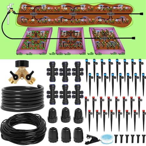 233FT Drip Irrigation System Kit with Quick-Connect System,33FT 1/2" Mainline & 200FT 1/4" Tubing,Brass Y-Type Splitter,Adjustable Nozzle Types.Garden Efficient Sprinkler System Kit by NABAOXUN