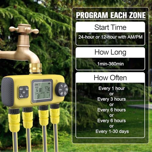 4 Outlet Sprinkler Timer, 4 Zone Programmable Garden Water Hose Timer with Rain Delay, Manual Automatic Irrigation, 3/4in Brass Inlet, for Lawn Yard Garden - Image 3