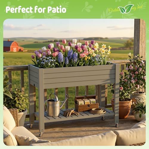 Vixzen Raised Garden Bed Outdoor,Reinforced Large Planter Box with Wheels & Storage Shelf,Mobile Planter Bed Box for Backyard, Patio, Balcony (Light Brown, 21Gal（43.31"×17.72"×33.66"）) - Image 6