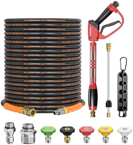 Pressure Washer Gun and Hose Kit, 4800PSI Flexible & Kink-Resistant - Steel Braided & Durable High Power Washer Hose 100 FT with 3/8" Swivel Quick Connector and M22 14mm Adapters & 5 Nozzles by Unknown