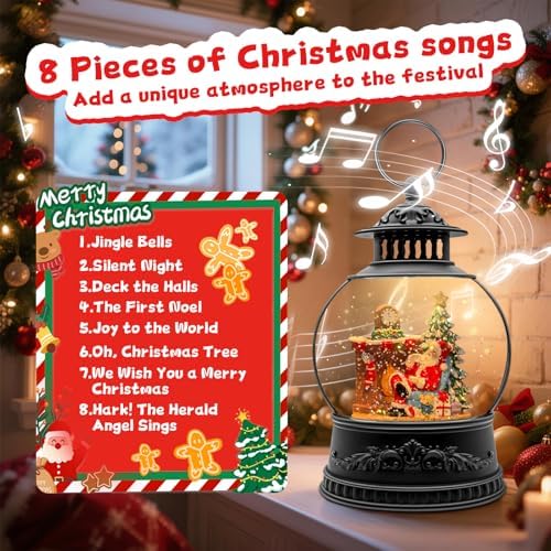 Christmas Snow Globe, Christmas Decorations Indoor, Glittering Santa Snow Scene with Music and 6H Timer, USB Lined/Battery Operated, Christmas Lantern for Holiday Decorations, Tabletop Decor for Home - Image 5