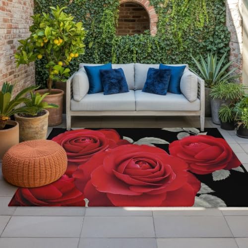 Red Rose 5x8 Waterproof Outdoor Rug with Non‑Slip Backing Black Romantic Floral Machine Washable Deck Patio Rug Mat for Camping, RV, Garden, Balcony Pool by Unknown