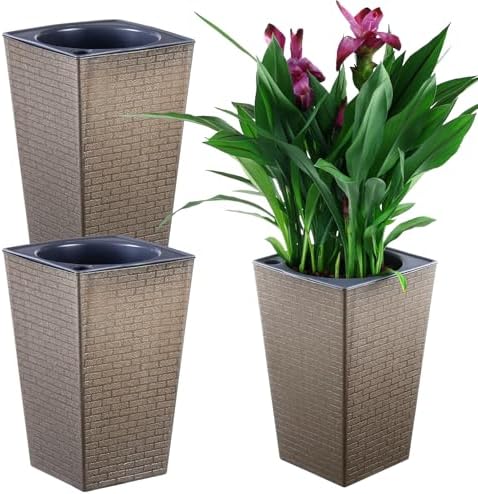 Self Watering Pots for Indoor Plants, 2 Pack Flower Pots Self Watering Planter 10.7" x 6.9" Plastic Pots African Violet Wick and Grow Pots Tall Orchid pots Square Large Plant Pots, Bronze by Planterhoma