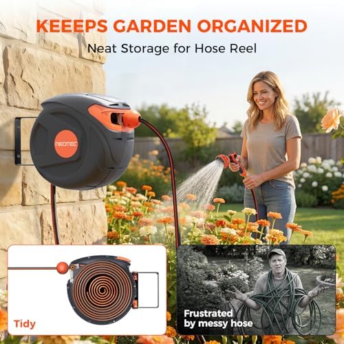 Wall-Mounted Retractable Hose Reel 1/2 Inch 50 Ft, Any Length Lock & 9 Pattern Nozzle, Automatic Slow Return, 180° Swivel, UV Resistant Heavy Duty Garden Hose Reel - Image 2