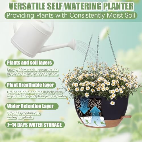 Sliner Set of 4-10 Inch Self Watering Hanging Planters Includes Hanging Pots and Outdoor Hanger Plant Pots with Drainage Holes 2 Types of Hanger Basket Hooks for Patio Garden(Black Brown) - Image 6