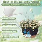 Sliner Set of 4-10 Inch Self Watering Hanging Planters Includes Hanging Pots and Outdoor Hanger Plant Pots with Drainage Holes 2 Types of Hanger Basket Hooks for Patio Garden(Black Brown) - Image 6