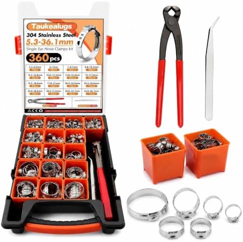 360Pcs 16 Size 5.3-36.1mm Single Ear Hose Clamps Kit with Pliers Tool by TAUKEALUGS