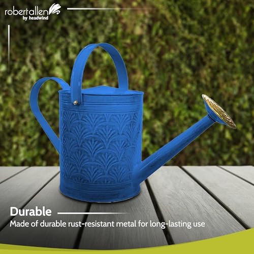 Headwind Aurora 2 Gallon Metal Watering Can, Large Watering Can Outdoor for Garden Plants, Brass Rose Shower Head, Vintage Embossed Galvanized Steel – Oceanside Blue - Image 3