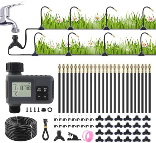 100FT Smart Drip Irrigation System with Water Timer – Automatic Garden Watering System with 360° Bendable Hose & 24 Adjustable Nozzles for Garden, Yard, Lawn,Compatible with 3/4" & 1/2" Hose by XHIKOWAT
