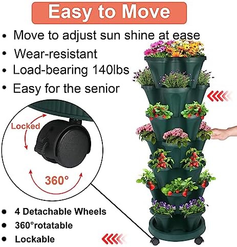 DUNCHATY Stackable Planter, Vertical Garden Planter with Wheels and Tools, Self Watering Strawberry Planter Indoor/Outdoor 7 Tier Herb Planter Pots for Growing Vegetables and Succulents,Pine Green - Image 2