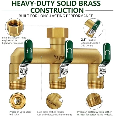 3-Way Garden Hose Splitter, Heavy-Duty Brass, 3/4" GHT, (Green) - Image 2