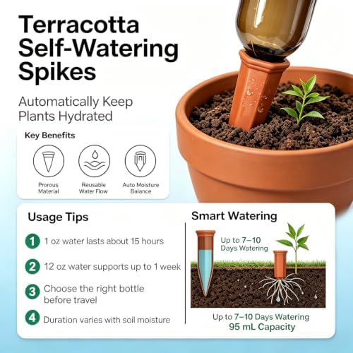 VVU Terracotta Watering Stakes for Plants, Slow-Release Plant Watering Spikes, Bottle-Fed Self-Watering Devices for Indoor and Outdoor Plants, Vacation Plant Care, 8 Pack - Image 3