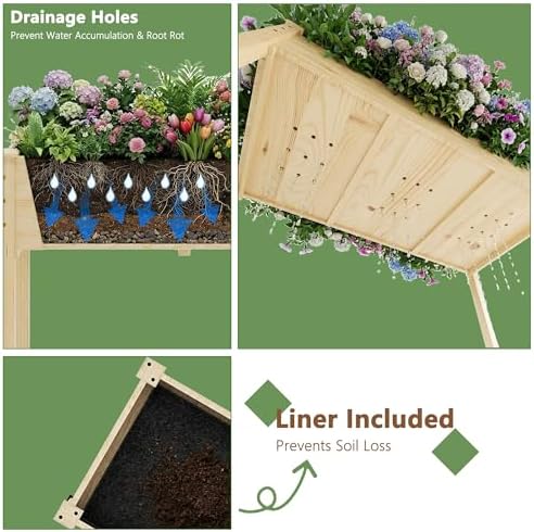 Raised Garden Bed with Legs, 48x24x30in Tall Wooden Elevated Planter Box with Liner for Flowers Vegetables Herbs, Wavy Profile Outdoor Raised Bed for Balcony/Patio/Backyard - Image 4