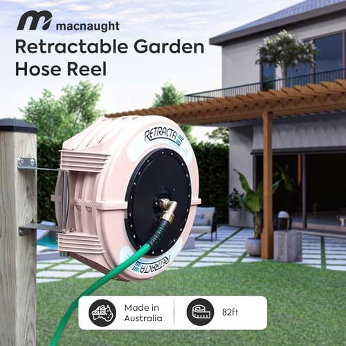 Macnaught Retractable Garden Hose Reel, 82 Ft Water Hose Reel Heavy Duty Retractable Hose with Metal 180° Swivel Rotation Bracket for Wall Mount - Beige - Image 3