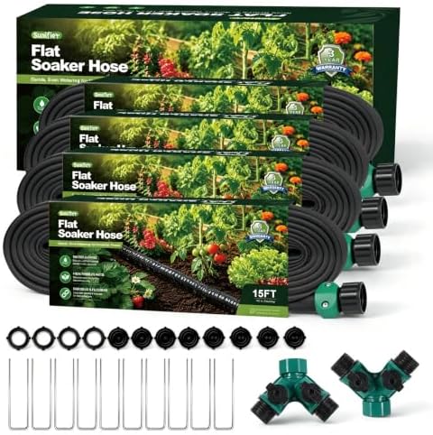Flat Soaker Hose 15FT x 4 Pack, Soaker Hose Kit with 2 Splitters and 10 Staples, 1/2 in Drip Irrigation Hose, Linkable Garden Soaker Hose for Raised Beds, Vegetables (15ft 4-pack) by Sunifier