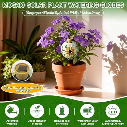 VOREEN Mosaic Plant Watering Globe with Terracotta Spike,Self-Watering Irrigation for Potted Plants,Sunflower-Inspired Mosaic with Solar Accent Light, Indoor & Outdoor Décor, 17oz - Image 2
