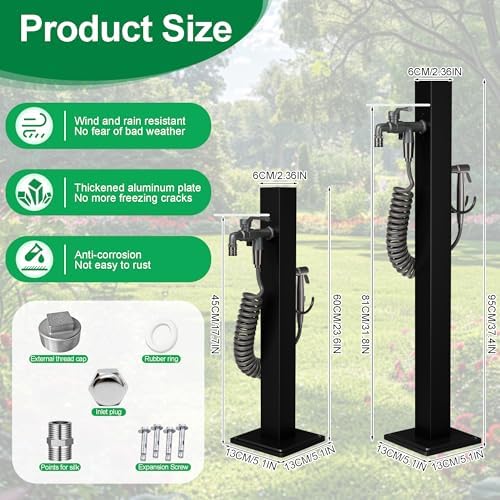 304 Stainless Steel Outdoor Vertical Square Garden Water Column, Freestanding Hose Stand with 2 in 1 Double Brass Faucet and Spray Gun, Black Yard Hydrant for Backyard and Irrigation (Black, 23.6 in) - Image 2