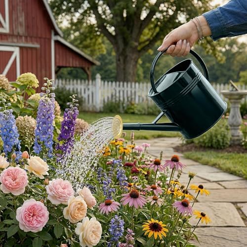 2.5 Gallon Dark Green Metal Watering Can, Galvanized Watering Can for Outdoor Indoor Plants, Large Water Can for Plants and Garden Flower, Golden - Image 6