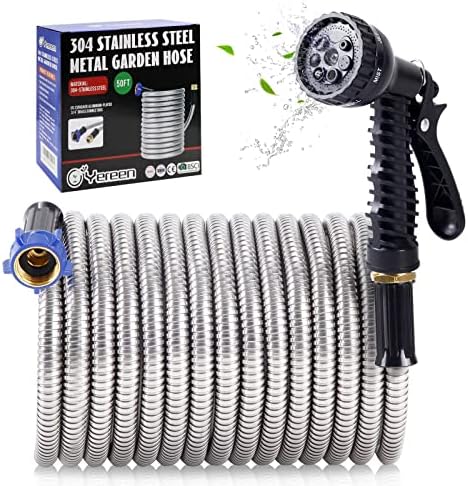 304 Stainless Steel Garden Hose, 100 ft Metal Garden Hose with 3/4" Connector Fittings and Sprayer, Heavy Duty Kink Free Flexible Outdoor Water Hose, Blue by YereenHose