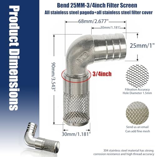 304 Stainless Steel Garden Hose Strainer, 90 Degree Elbow Inlet Filter Screen, Suitable for Water Pumps, Aquariums and Garden Irrigation, Including Hose Clamps and Sealing Tape (25mm 3/4inch) - Image 2