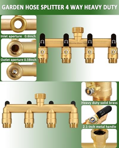 4 Way Hose Splitter, Heavy Duty Full Flow Garden Water Hose Bib Spigot Splitter, Brass Rust and Freeze Resistant Outdoor Faucet Splitter, T Adapter Connector with 3/4 - Inch GHT Thread （Black） - Image 4